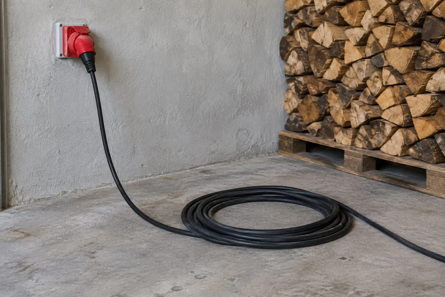 Symbolbild (KI-generiert): rote CEE-Steckdose an einer Garagenwand mit abgerolltem Gummikabel